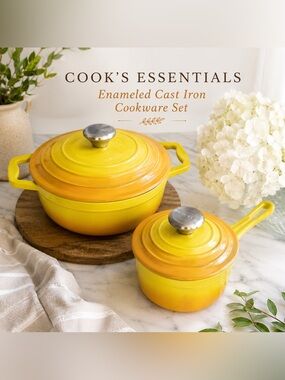 Cook’s Essentials Yellow Orange Enameled Cast Iron Mini Dutch Oven & Saucepan